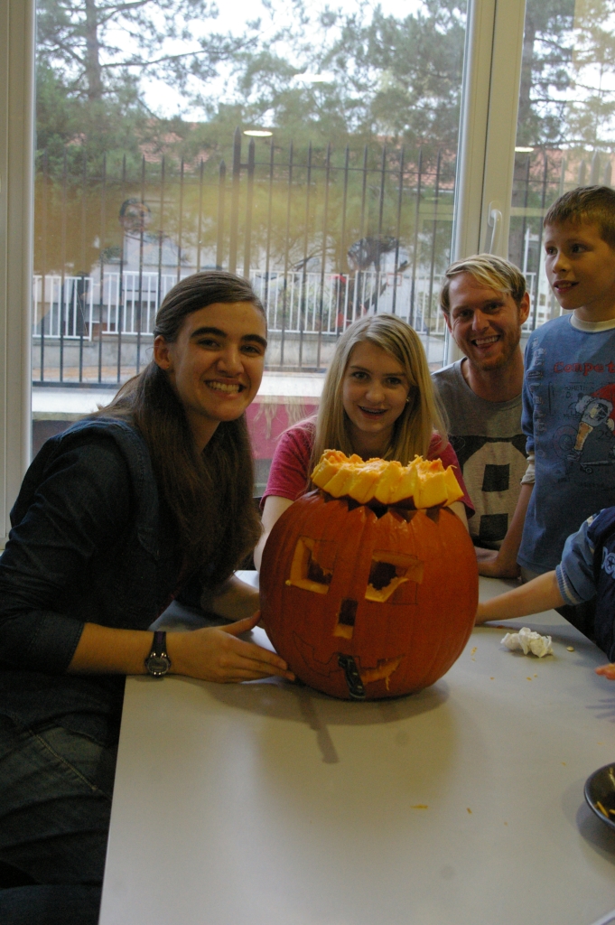 Carving pumpkins. We partner with the shelter, a secular organization to encourage the kids. The international school lets us use their facility.